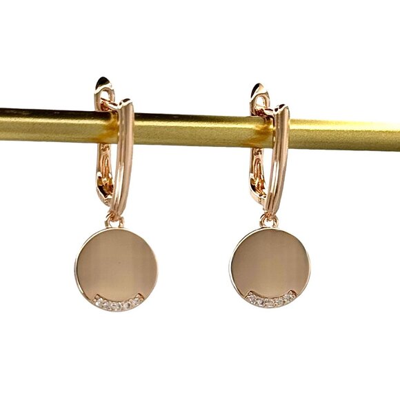 NWT Round Charm Drop Huggie Earrings 14K Rose Gold Plated CZ Pave Minimalist - Picture 4 of 10